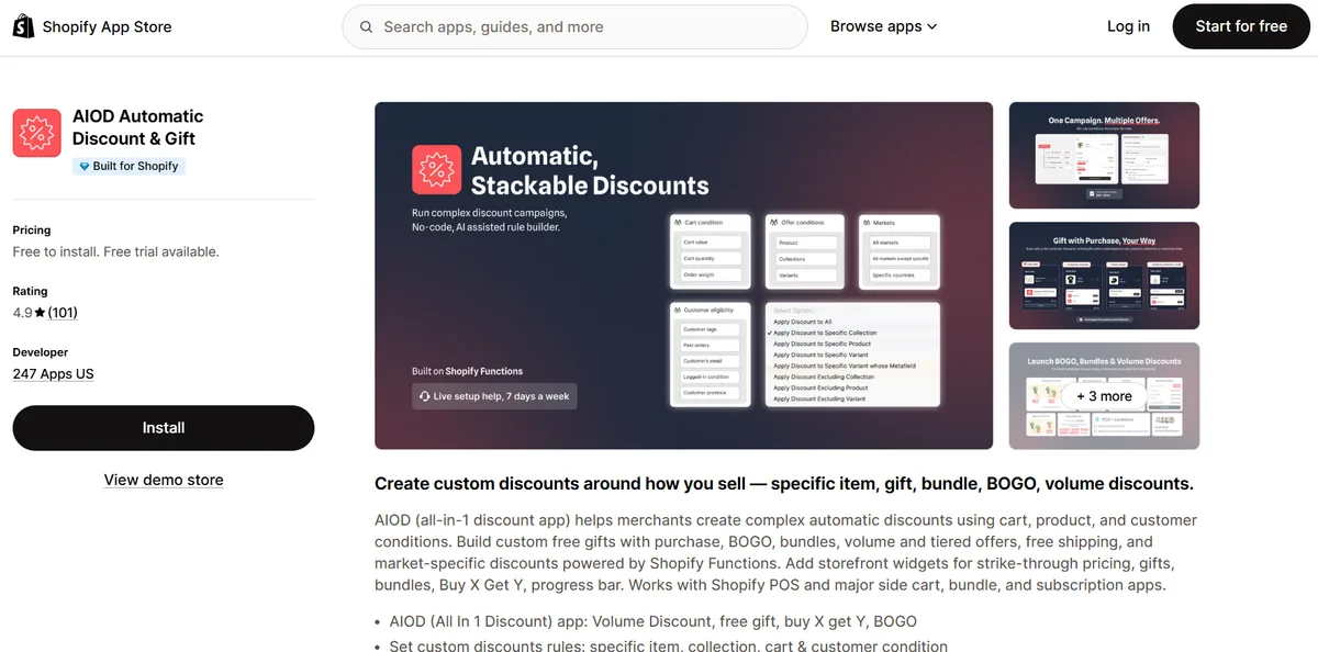 AIOD Automatic Discount & Gift app on the Shopify App Store — Built for Shopify, 4.9 rating, automatic stackable discounts