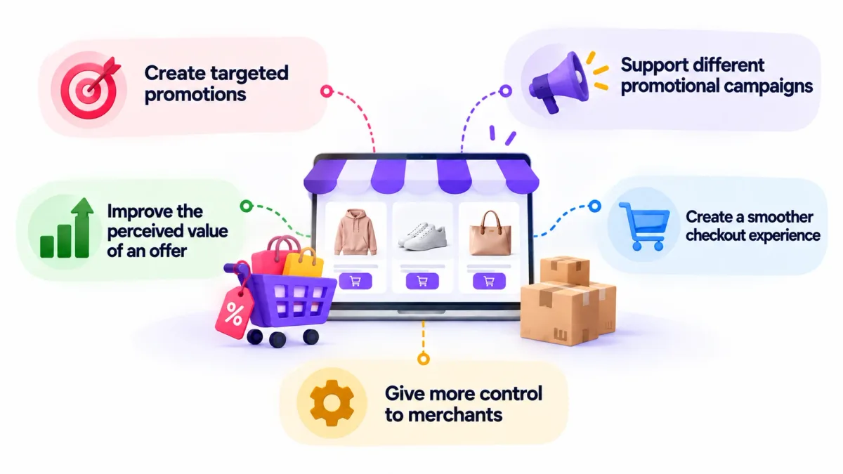 Benefits of Shopify discount combinations — create targeted promotions, support different campaigns, improve perceived value, create a smoother checkout, and give merchants more control