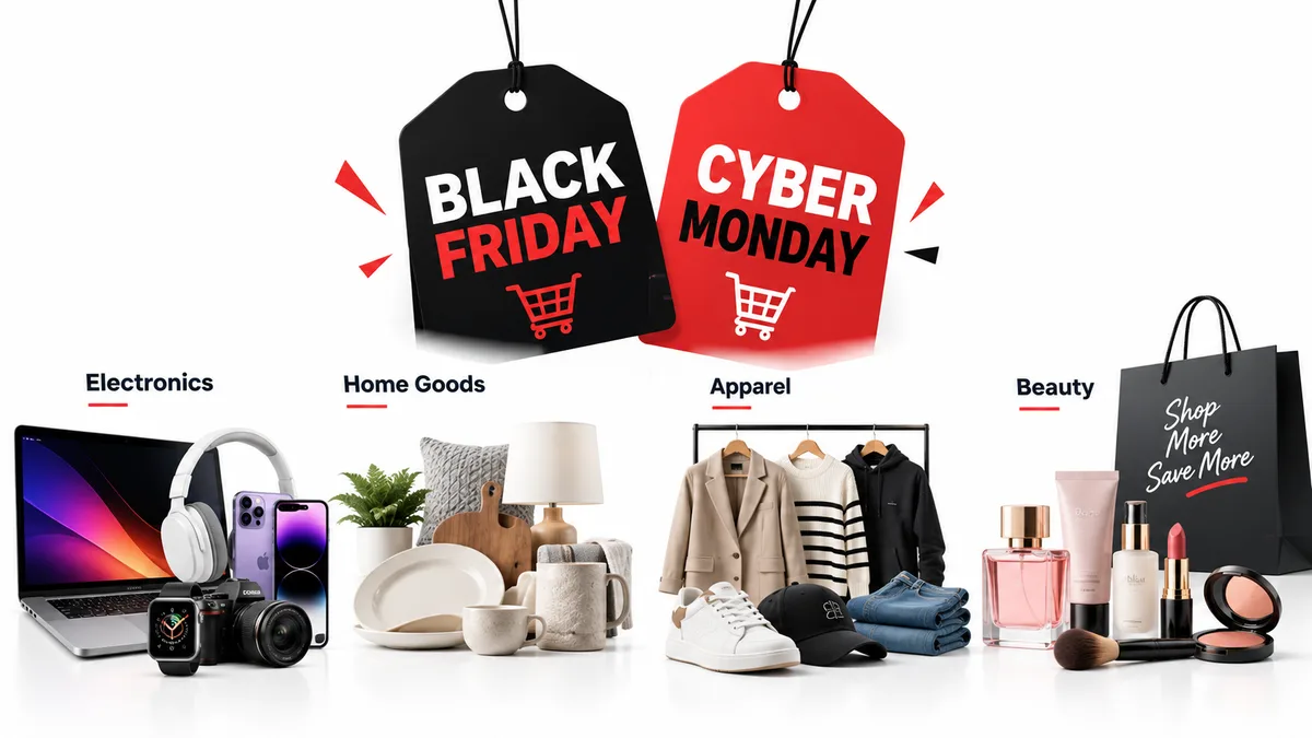 Black Friday and Cyber Monday sales across electronics, home goods, apparel, and beauty categories