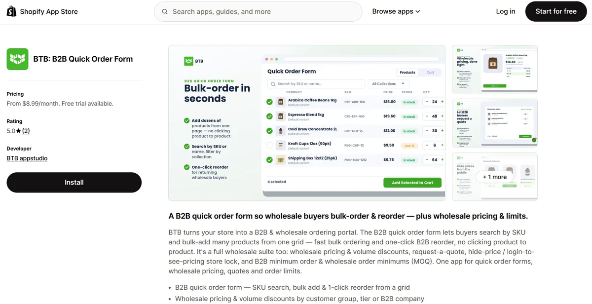 BTB: B2B Quick Order Form app on the Shopify App Store — bulk order and reorder with SKU search plus wholesale pricing and order limits