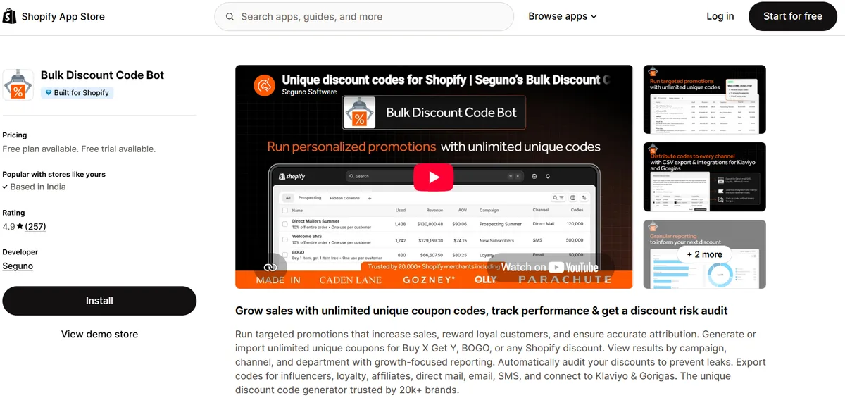 Bulk Discount Code Bot app on the Shopify App Store — Built for Shopify, 4.9 rating, unlimited unique coupon codes