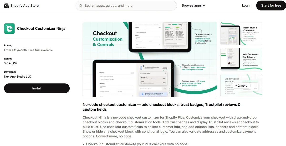 Checkout Customizer Ninja app on the Shopify App Store — no-code checkout customization for Shopify Plus with checkout blocks, trust badges, and Trustpilot reviews