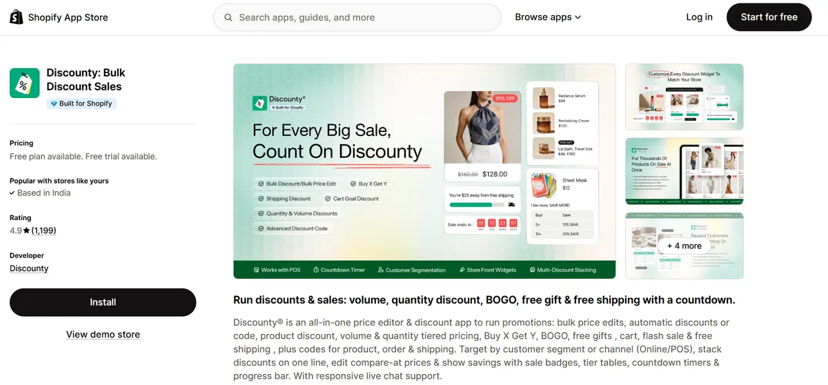 Discounty: Bulk Discount Sales app on the Shopify App Store — Built for Shopify, 4.9 rating, bulk discounts and volume pricing