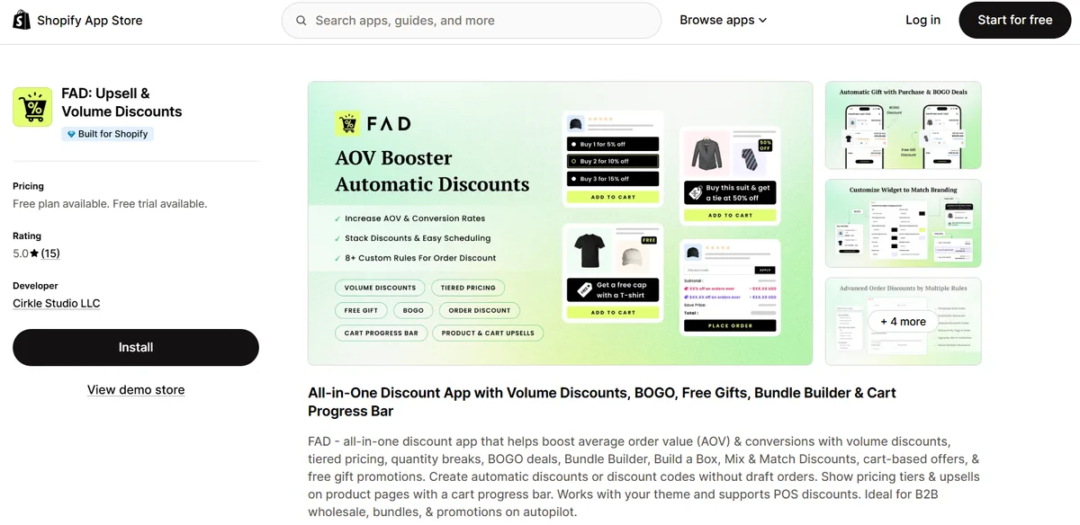 FAD: Upsell & Volume Discounts app on the Shopify App Store — Built for Shopify, 5.0 rating, AOV booster automatic discounts