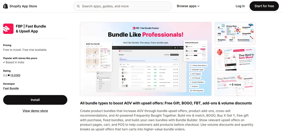 FBP: Fast Bundle & Upsell App on the Shopify App Store — Built for Shopify, 5.0 rating, all bundle types to boost AOV