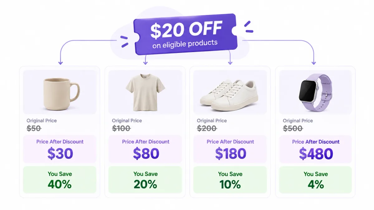 Fixed amount discount examples — $20 off stays constant across products, saving 40% on a $50 item but only 4% on a $500 item