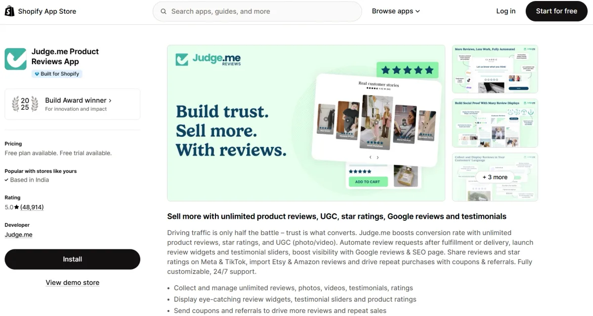 Judge.me Product Reviews App on the Shopify App Store — Built for Shopify, unlimited product reviews, star ratings, and photo or video UGC to build trust