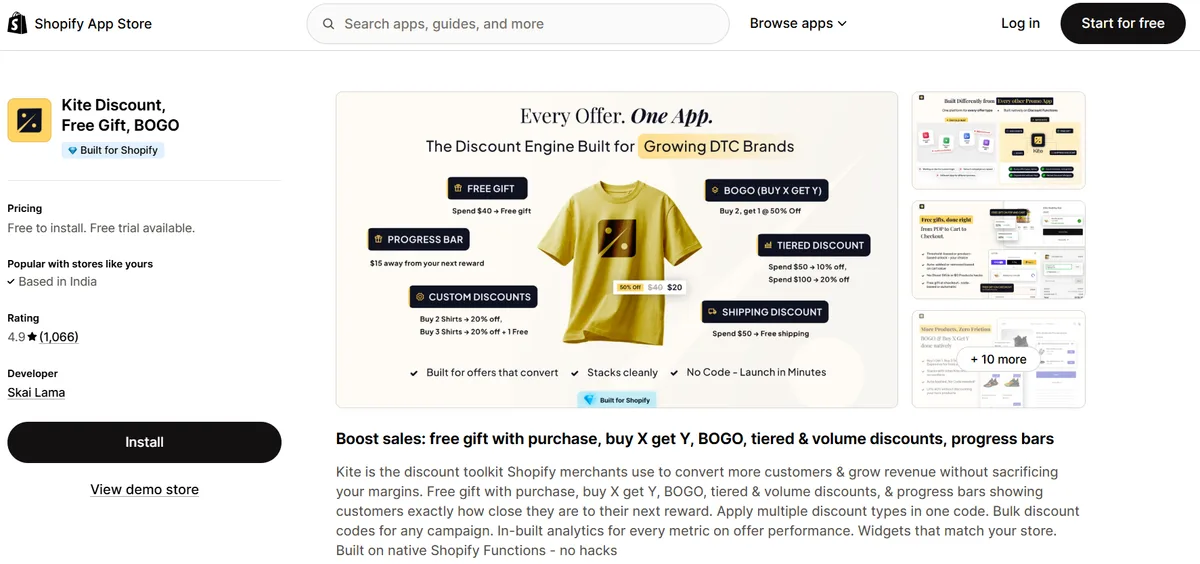 Kite Discount, Free Gift, BOGO app on the Shopify App Store — Built for Shopify, 4.9 rating, every offer in one app
