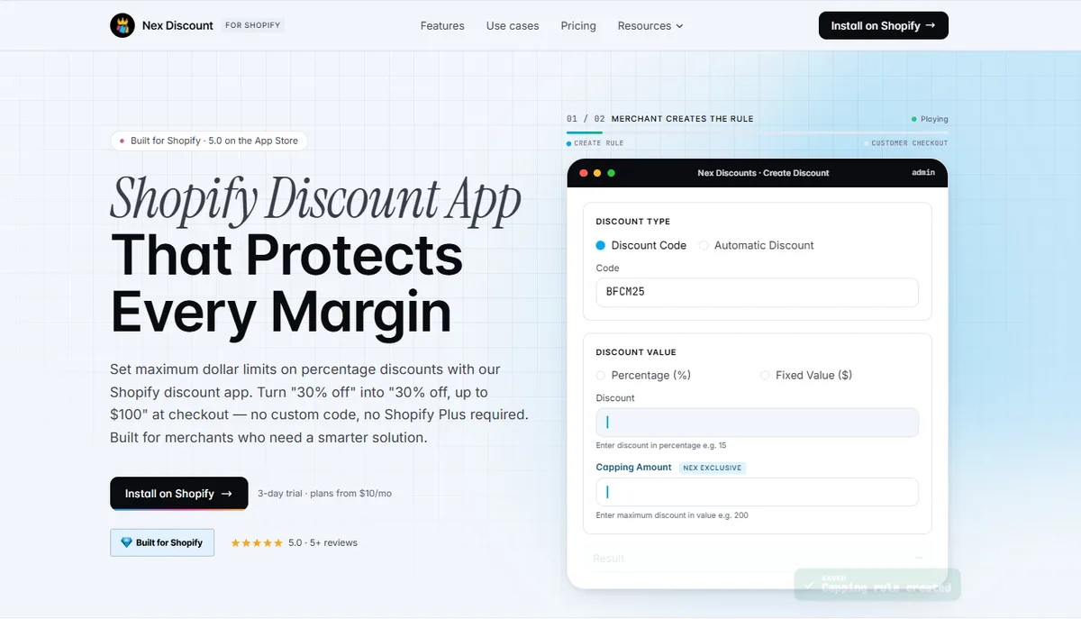 Nex Discount Shopify discount app homepage — set a maximum dollar cap on percentage discounts at checkout