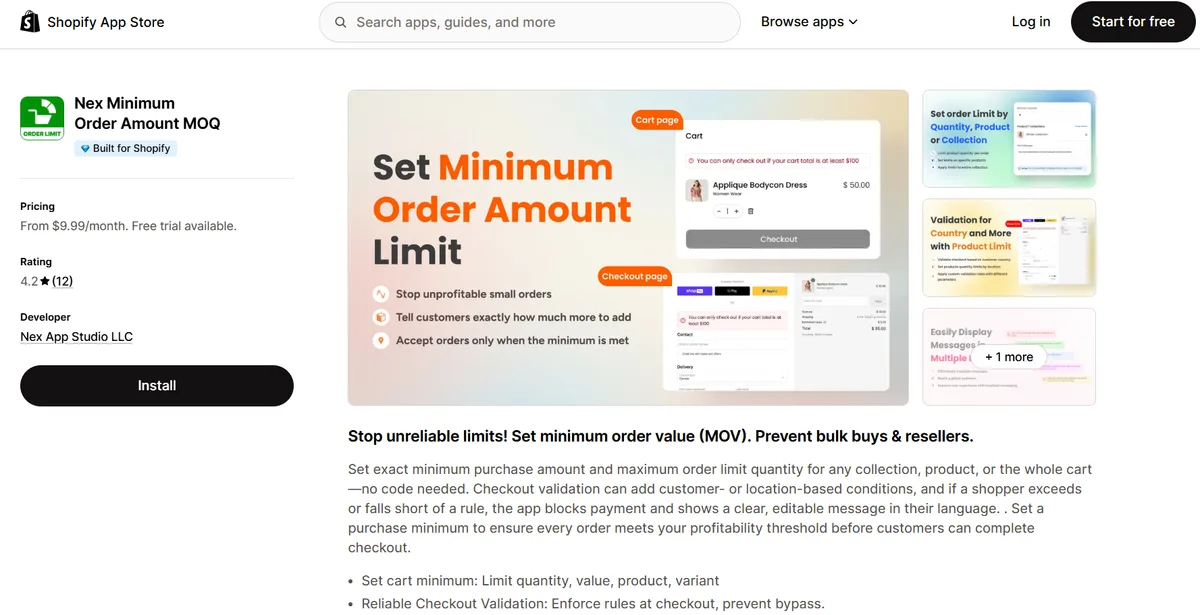 Nex Minimum Order Amount MOQ app on the Shopify App Store — Built for Shopify, set minimum order value and quantity limits with checkout validation