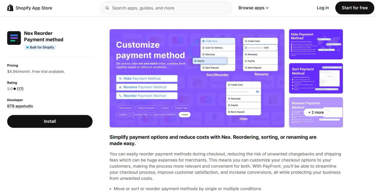 Nex Reorder Payment method app on the Shopify App Store — Built for Shopify, hide, rename, reorder, and sort payment and shipping methods at checkout