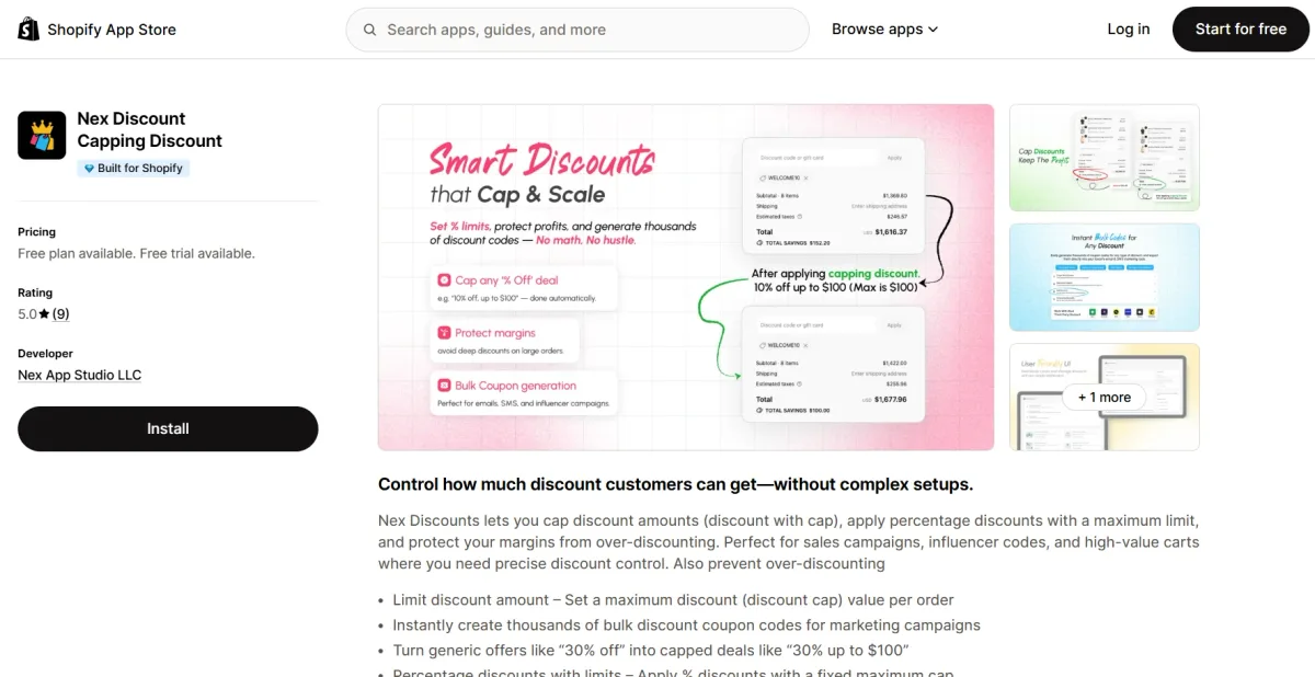 Nex Discount Capping Discount app on the Shopify App Store — Built for Shopify, 5.0 rating, with discount caps and bulk coupon generation