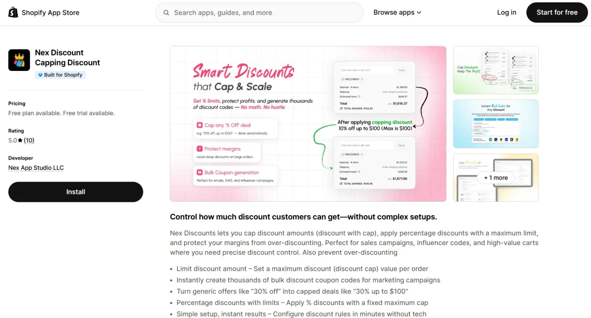 Nex Discount Capping Discount app on the Shopify App Store — Built for Shopify, 5.0 rating, with discount caps and bulk coupon generation