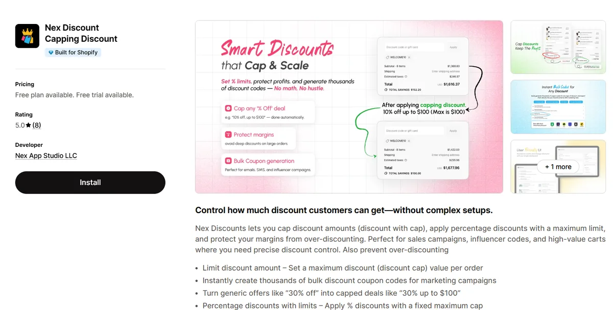 Nex Discount Capping Discount app on the Shopify App Store — Built for Shopify, 5.0 rating, with discount caps and bulk coupon generation for influencer campaigns