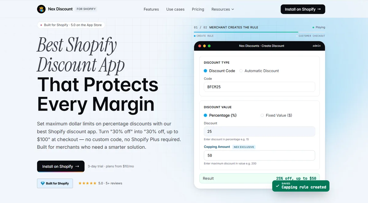 NexDiscount Shopify discount app homepage — set a maximum dollar cap on percentage discounts, turning '30% off' into '30% off, up to $100' at checkout