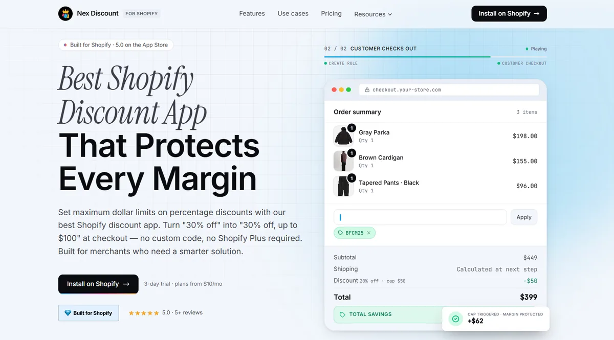 NexDiscount Shopify discount app — a 20% off discount capped at $50 applied at checkout, protecting the merchant's margin