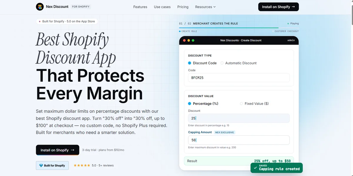 NexDiscount Shopify discount app homepage — set a maximum dollar cap on percentage discounts, turning '30% off' into '30% off, up to $100' at checkout