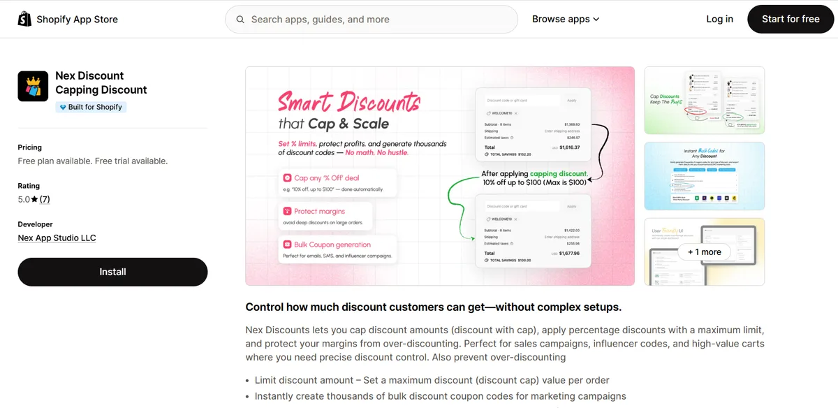 Nex Discount Capping Discount app on the Shopify App Store — Built for Shopify, 5.0 rating, with discount caps and bulk coupon generation