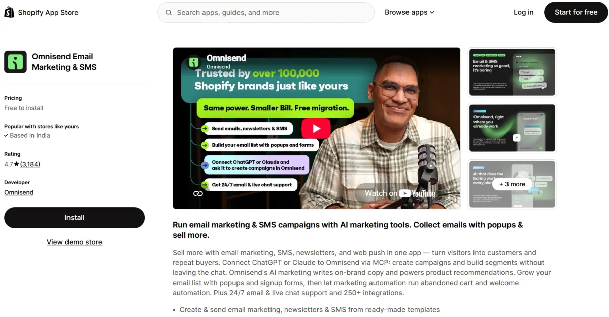 Omnisend Email Marketing & SMS app on the Shopify App Store — email, SMS, popups, and marketing automation trusted by over 100,000 Shopify brands