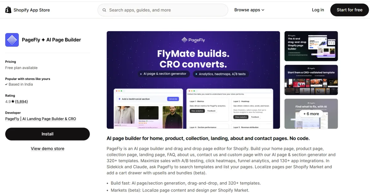 PageFly AI Page Builder app on the Shopify App Store — drag-and-drop page builder with AI page and section generator, A/B testing, and analytics