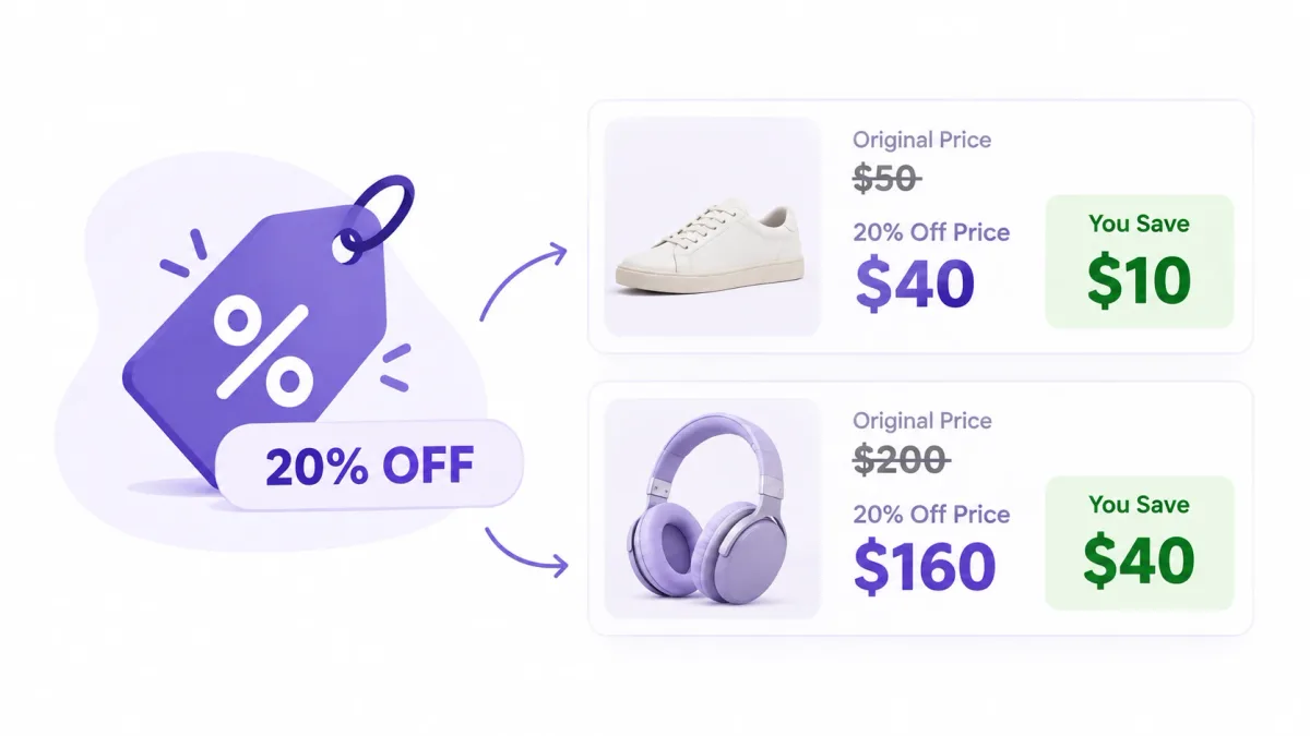 Percentage discount examples — 20% off a $50 product saves $10, while 20% off a $200 product saves $40, showing how percentage savings grow with price