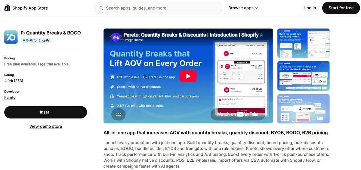 Pareto: Quantity Breaks & BOGO app on the Shopify App Store — Built for Shopify, 4.9 rating, quantity breaks that lift AOV