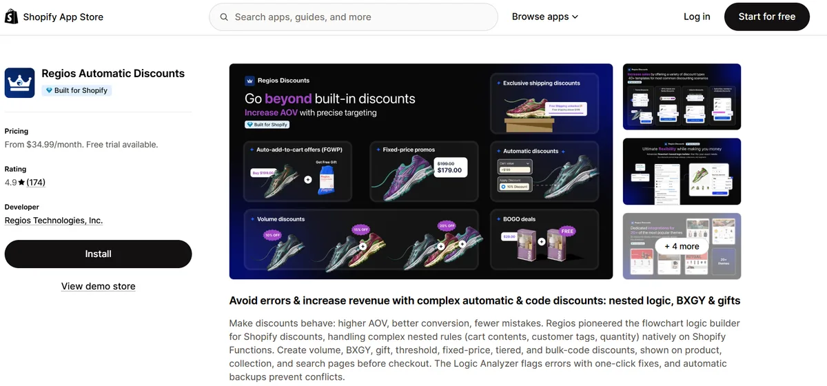 Regios Automatic Discounts app on the Shopify App Store — Built for Shopify, 4.9 rating, advanced automatic and code discounts
