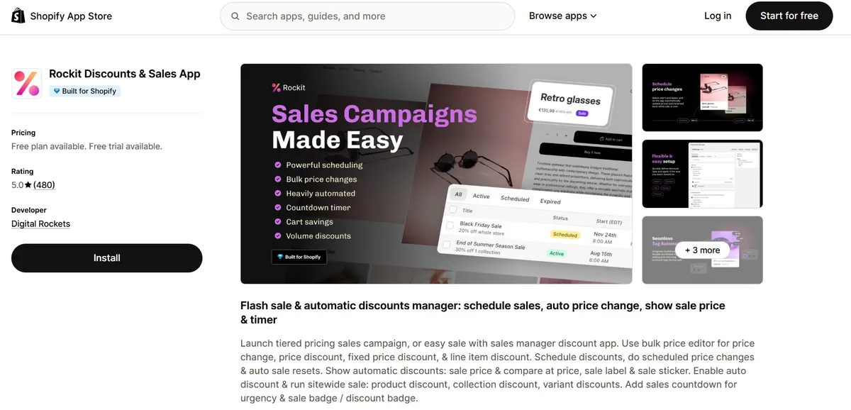 Rockit Discounts & Sales app on the Shopify App Store — Built for Shopify, 5.0 rating, sales campaigns made easy with scheduling