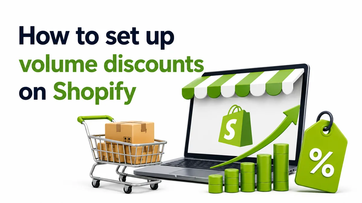 How to set up volume discounts on Shopify — a shopping cart of boxes, a Shopify storefront on a laptop, and a rising sales chart with a percentage tag