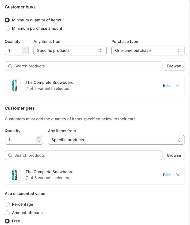 Shopify Buy X Get Y (BOGO) discount setup — Customer buys and Customer gets configuration with a free discounted value