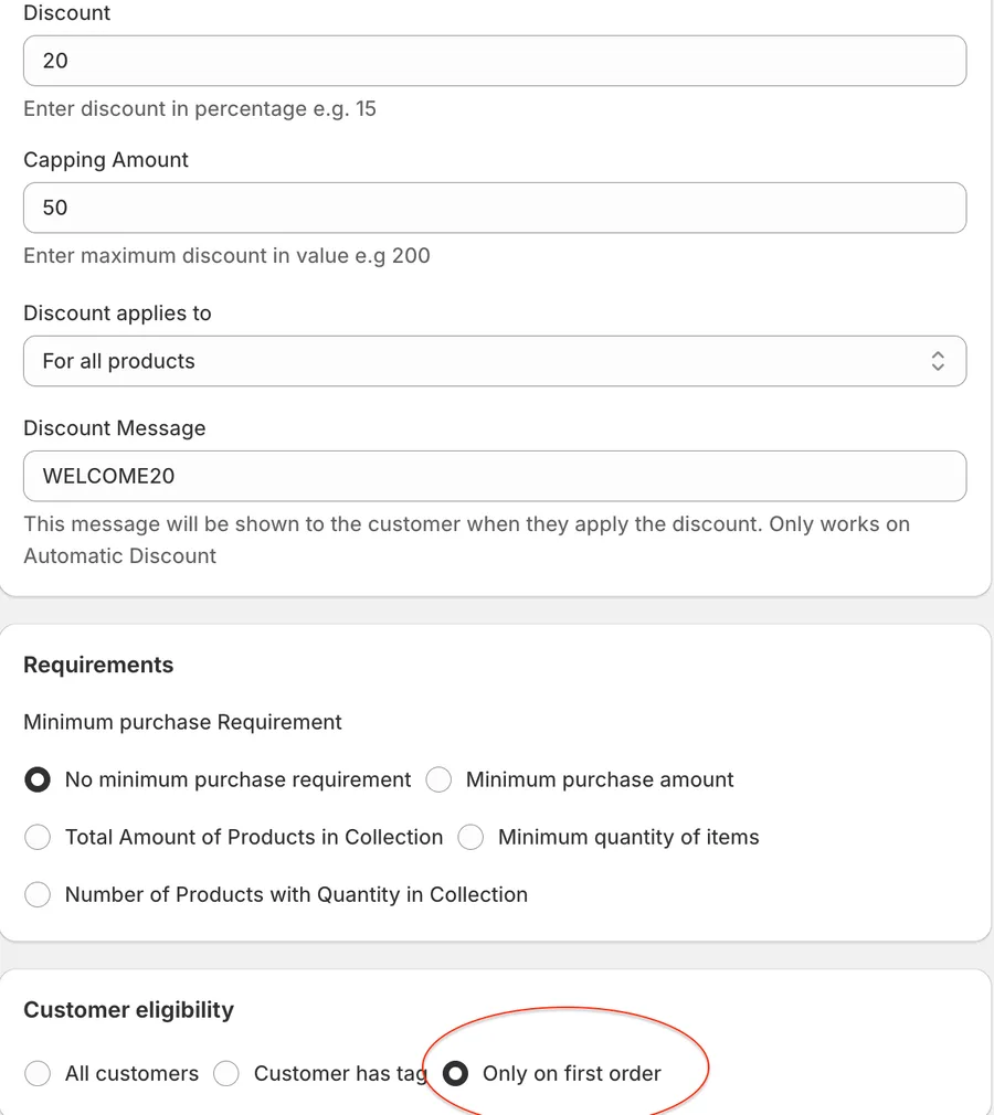 Shopify first purchase discount setup — a 20% WELCOME20 code capped at $50 with customer eligibility set to only on first order