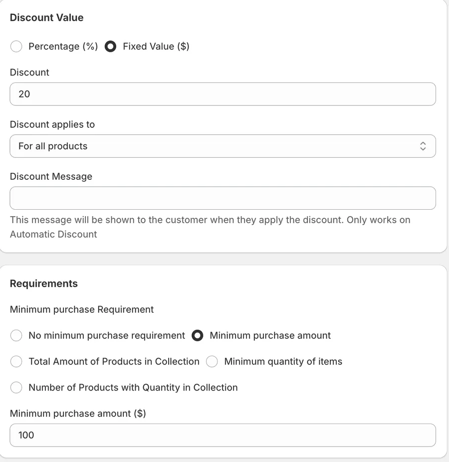 Shopify fixed amount discount setup — a $20 fixed value discount for all products with a $100 minimum purchase requirement