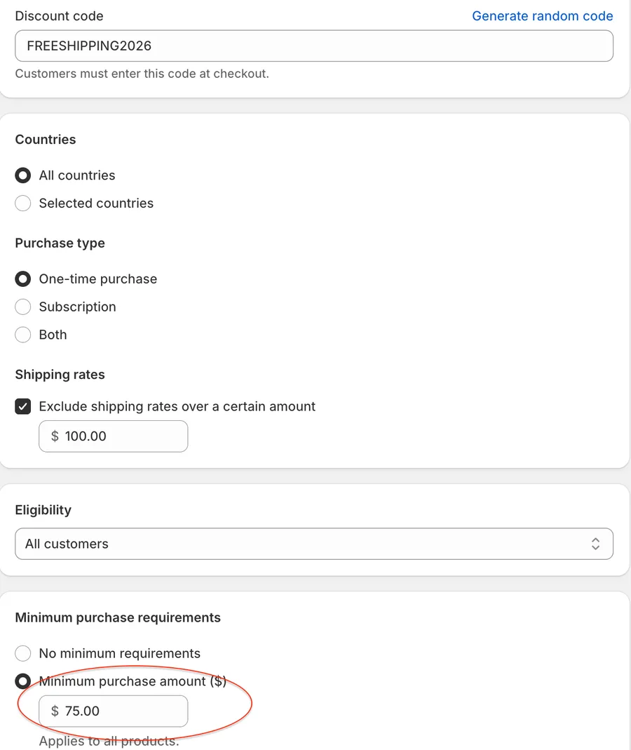 Shopify free shipping discount setup — a FREESHIPPING2026 code with a $75 minimum purchase amount and shipping rates excluded over $100