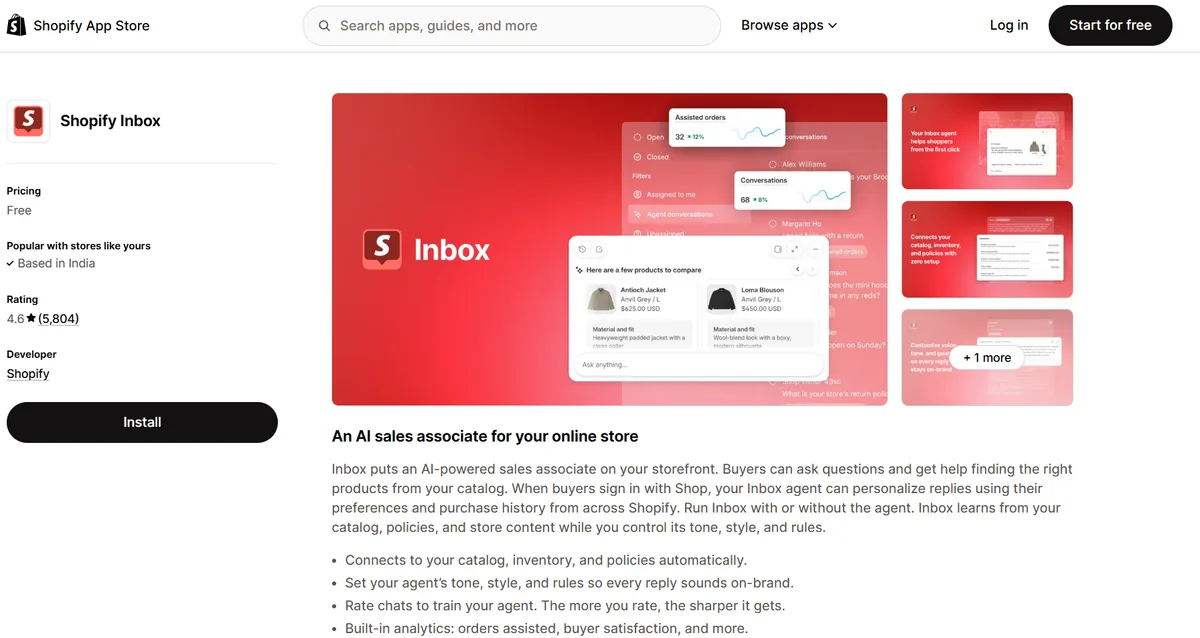 Shopify Inbox app on the Shopify App Store — an AI sales associate that manages customer conversations and helps shoppers find products