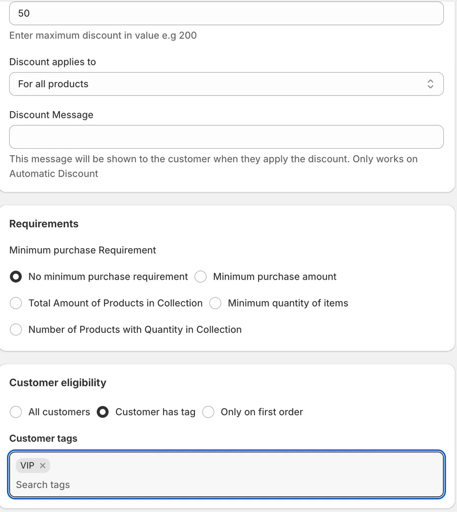 Shopify loyalty discount setup — customer eligibility set to 'Customer has tag' with a VIP customer tag
