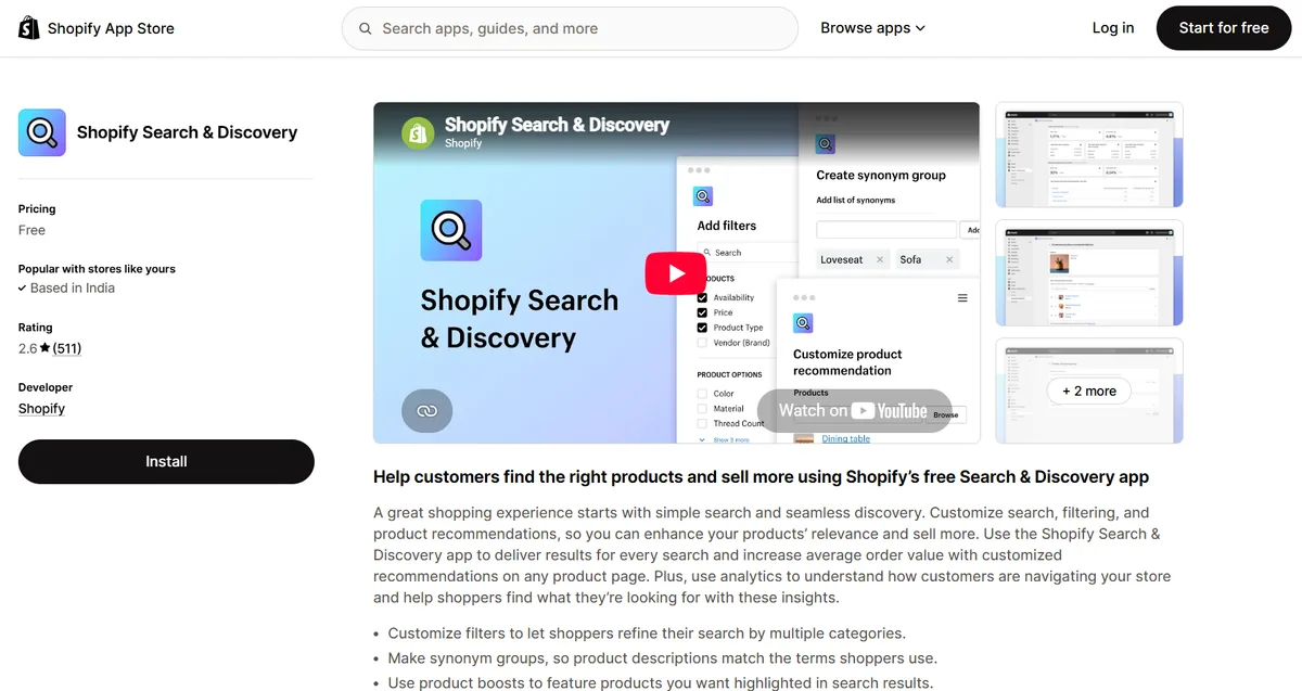Shopify Search & Discovery app on the Shopify App Store — customize search, filters, synonym groups, and product recommendations to help customers find products