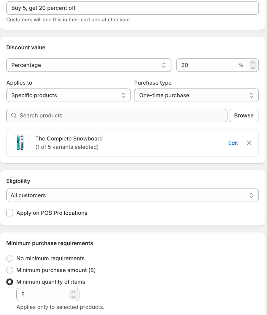 Shopify volume discount setup — a 'Buy 5, get 20 percent off' offer on specific products with a minimum quantity of 5 items