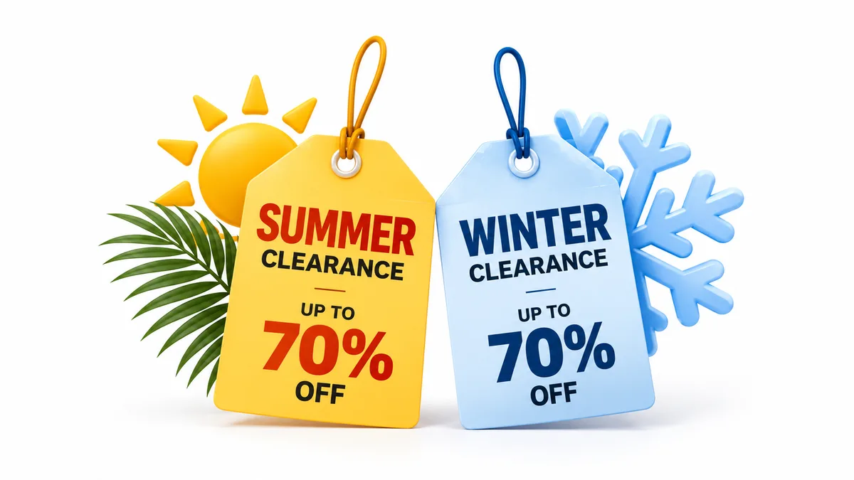 Summer clearance and winter clearance sale tags, both up to 70% off