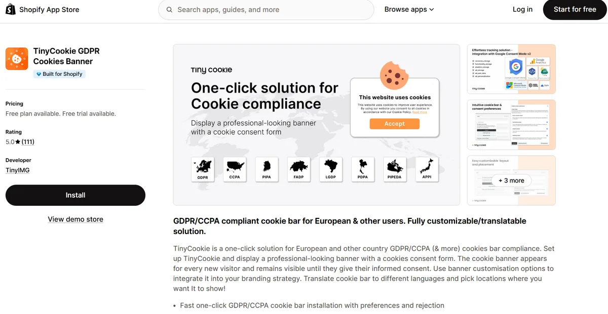 TinyCookie GDPR Cookies Banner app on the Shopify App Store — Built for Shopify, one-click cookie consent banner supporting GDPR, CCPA, and Google Consent Mode
