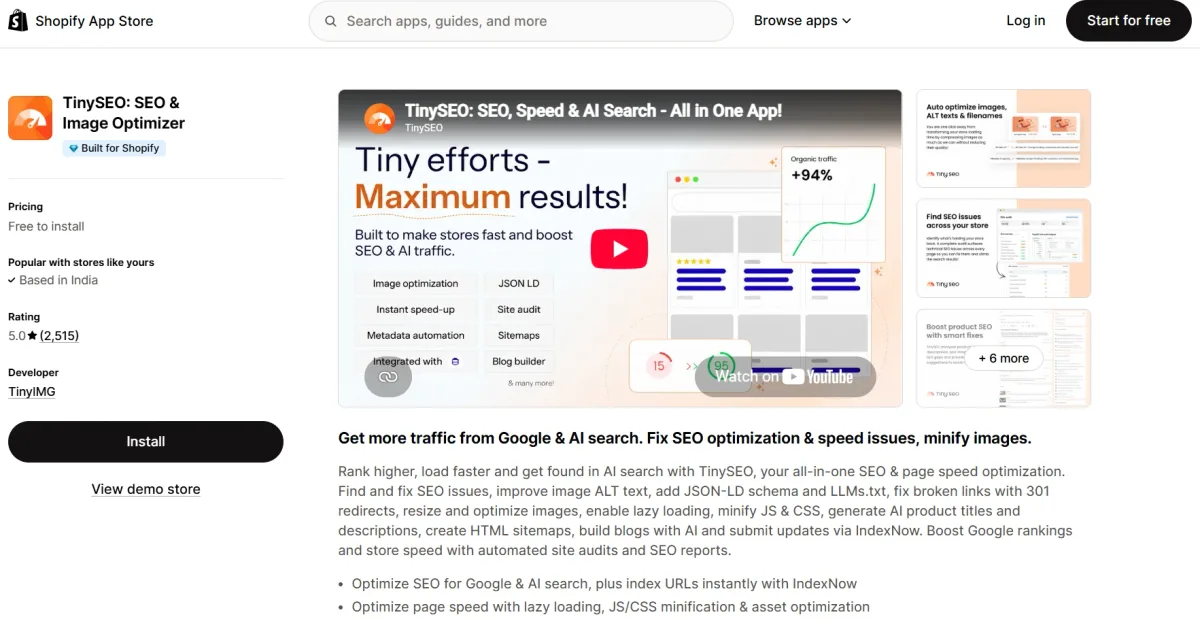 TinySEO: SEO & Image Optimizer app on the Shopify App Store — Built for Shopify, image optimization, JSON-LD, site audits, and page speed improvements