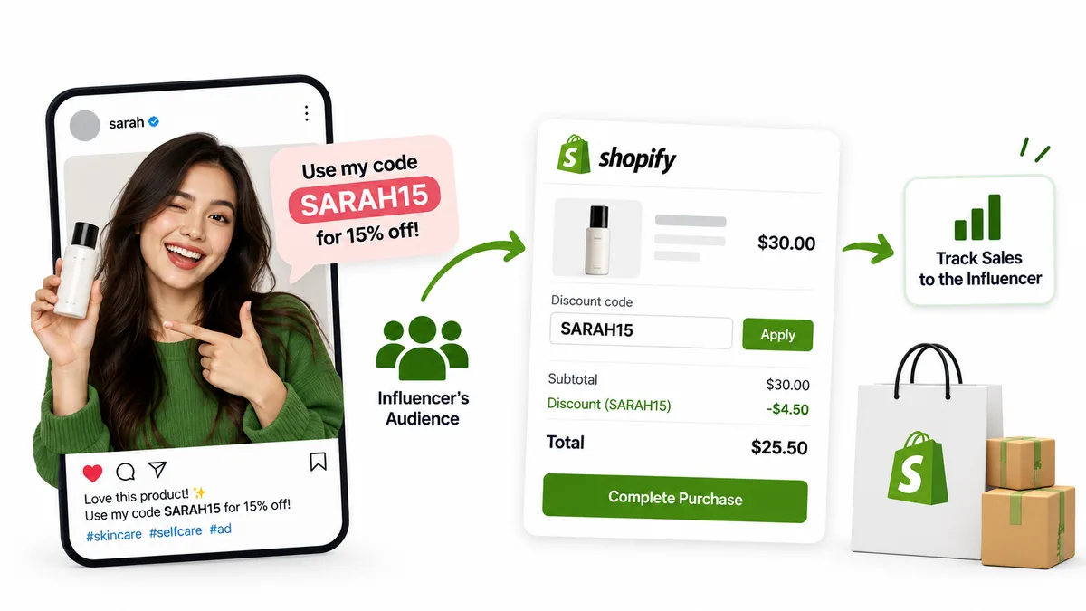How an influencer discount code works — a creator shares code SARAH15 for 15% off, their audience applies it at Shopify checkout, and the sale is tracked back to the influencer