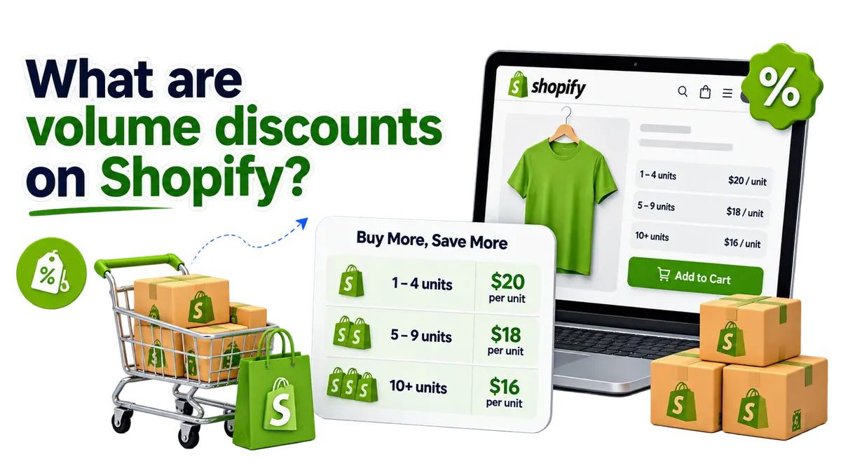 What are volume discounts on Shopify — a product page showing 1-4 units at $20, 5-9 units at $18, and 10+ units at $16 per unit with a 'Buy More, Save More' pricing table