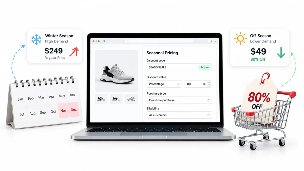 Seasonal pricing example — a shoe priced at $249 in the high-demand winter season and dropped to $49 (80% off) in the off-season, set up with a SEASONSALE discount code