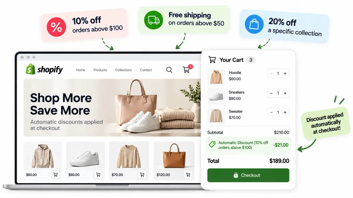 A Shopify automatic discount applied at checkout — 10% off orders above $100 shown in the cart without the customer entering a code