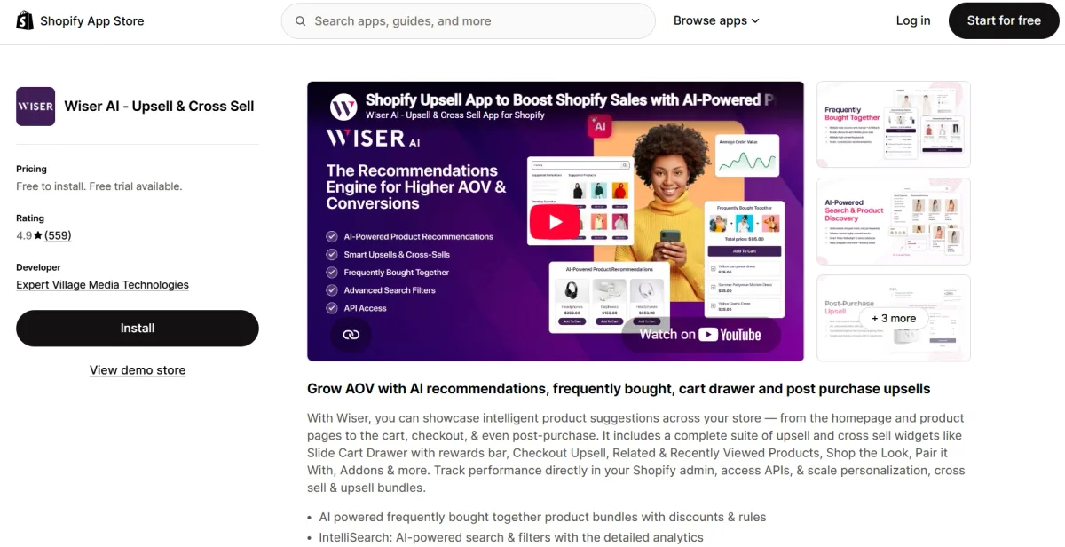 Wiser AI Upsell & Cross Sell app on the Shopify App Store — AI-powered product recommendations, frequently bought together, and cart upsells to grow AOV