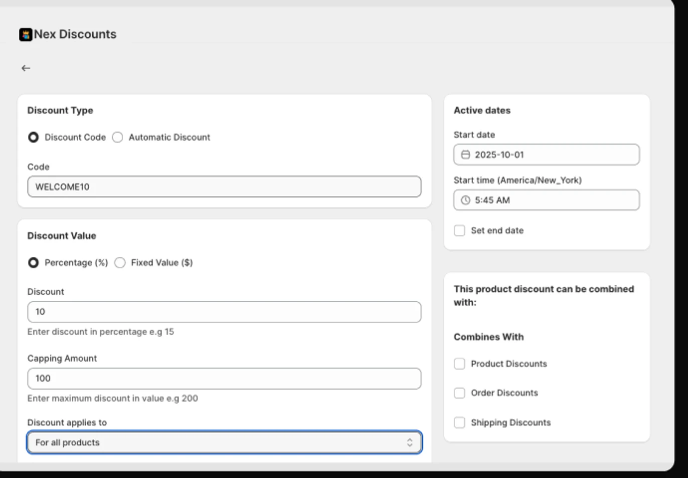 The Nex Discount setup screen in the Shopify admin, showing a 10 percent discount code with a Capping Amount of 100