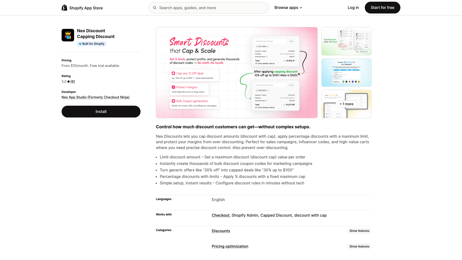 Nex Discount Cap app listing on the Shopify App Store