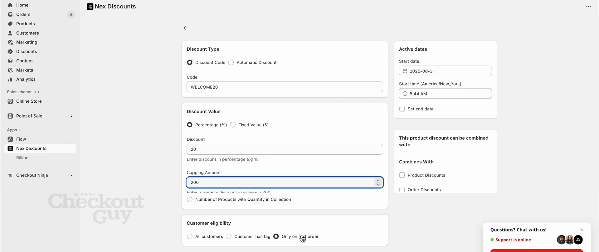 Complete discount configuration in Nex Discounts — code, percentage, capping amount, and first-order eligibility