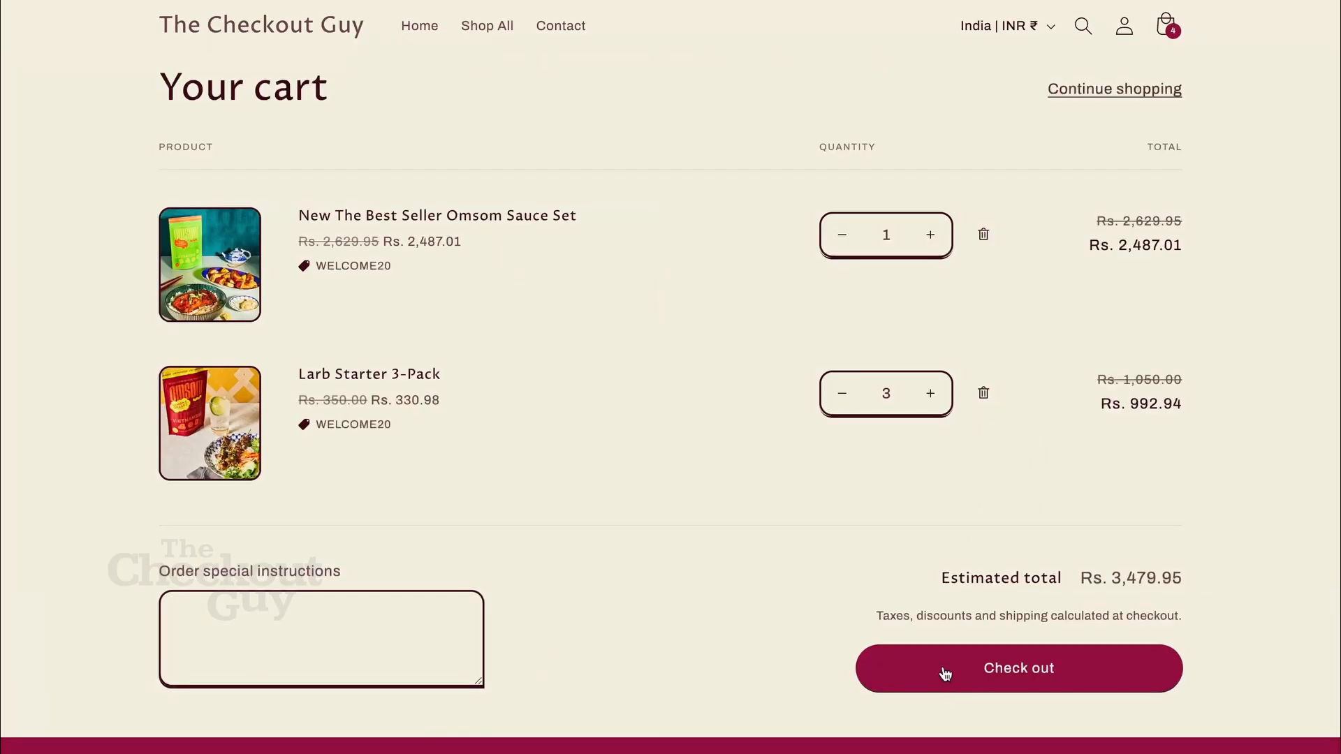 Cart showing WELCOME20 discount applied to products
